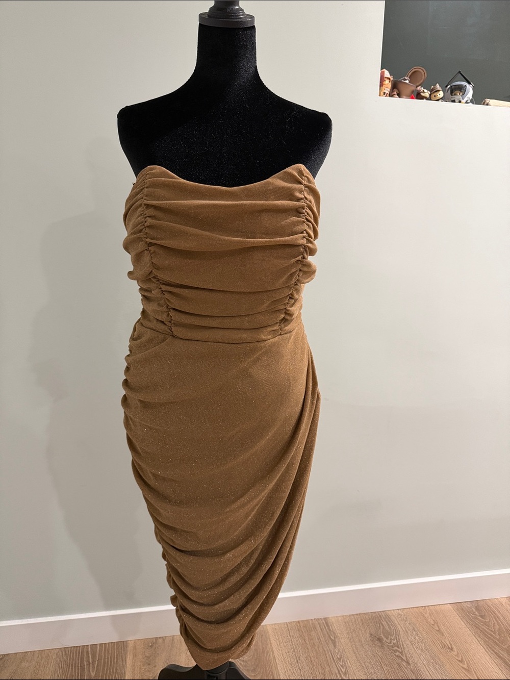 Rare London light brown metallic Strapless Ruched Midi Dress size 8